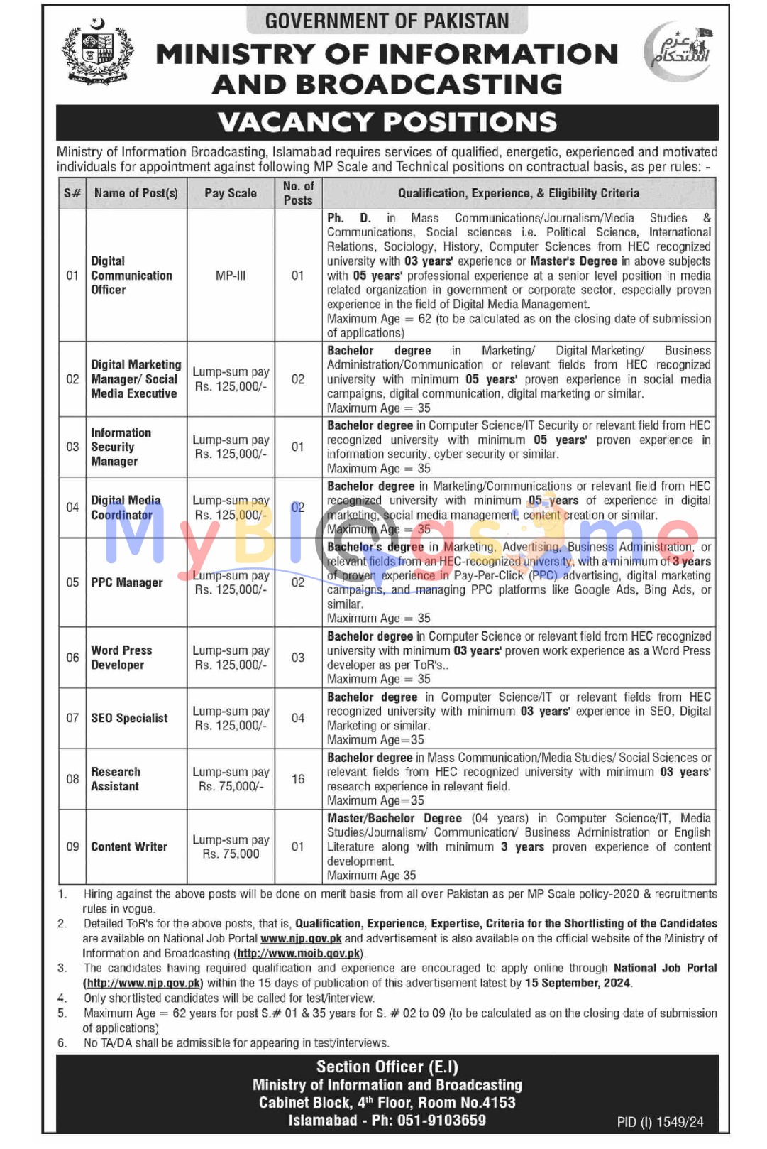 Ministry of Information and Broadcasting Jobs 2024